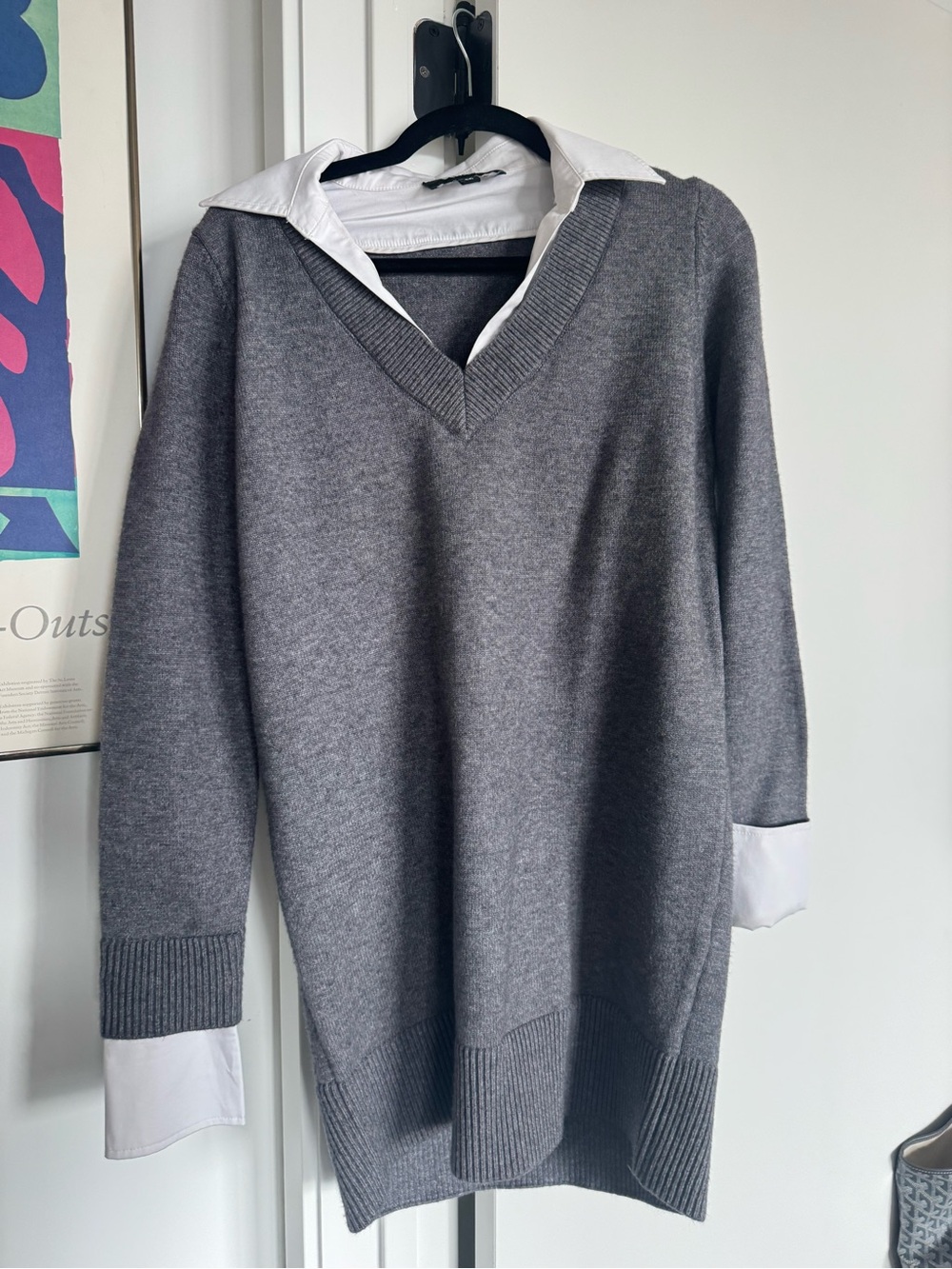 SER.O.YA Gray Sweater with White Shirt Collar Detail